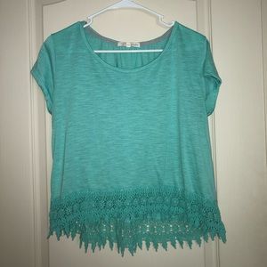 aqua short sleeved blouse with lace detailing